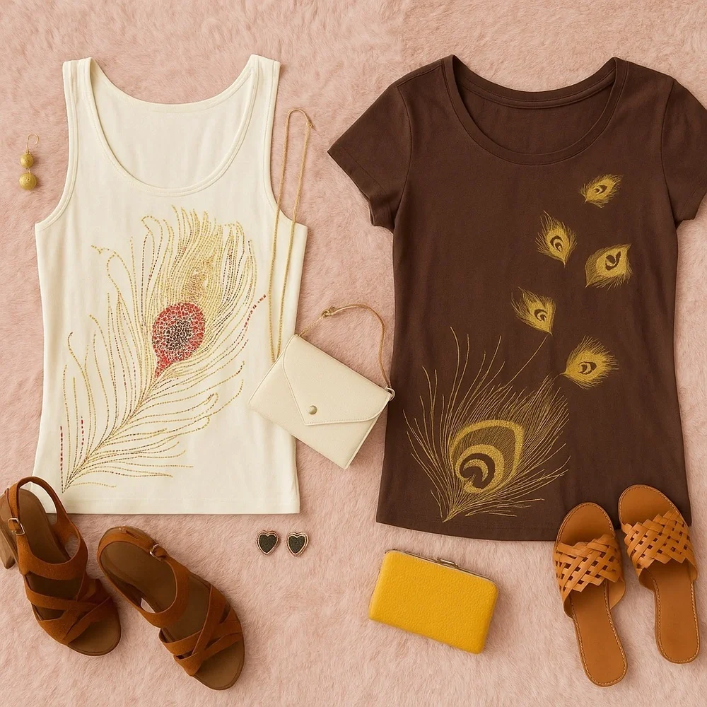 Cacique Rhinestone Peacock Feather Tank Top | Cream Sparkly Summer Layering - Picture 4 of 4